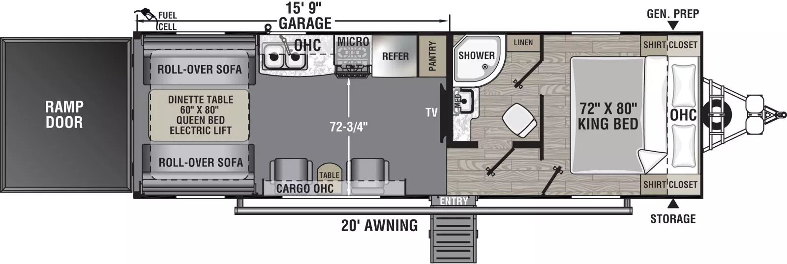 The 27KB has no slide outs and one entry door on the door side. Interior layout from front to back: front bedroom with side-facing king bed and overhead cabinet; walk through bathroom on off door side; kitchen living dining area; off door side kitchen containing pantry, refrigerator, cook top stove, overhead microwave, double basin sink, and overhead cabinet; two euro chairs on the door side with table and overhead cabinet; one roll-over sofa on door side and one roll-over sofa on the off-door side of the unit; dinette table; and rear ramp door.