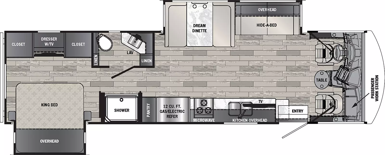 The 32A3 is  2-slide floorplan; 1 off-door side, 1 door side.  Interior front to back; Cab with table, passenger work station. Off-door slide with hide-a bed, overhead, booth dinette, lav with linen, closet, dresser with tv, closet.  Door side entry, kitchen, overhead, TV, microwave, 12 cu. ft. gas/electric refrigerator, pantry, shower.  Door side slide; king bed, overhead cabinet.