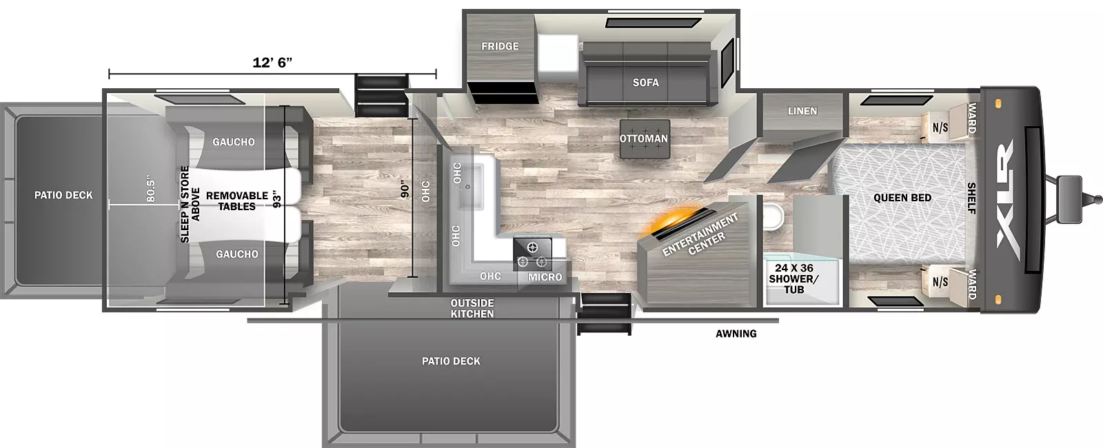 The 3412 Toy Hauler Travel Trailer features one off-door side slideout and two entries. Interior layout from front to back: queen bed with wardrobes and night stands on either side and shelf above; bathroom with linen closet; entry and door-side angled entertainment center with fireplace below; off-door side slideout with sofa with ottoman, and refrigerator; door side kitchen with microwave, stove, overhead cabinets and sink; rear garage separated by a door with off-door side entry steps, door side patio deck with outside kitchen, overhead cabinets, gaucho couches with removeable tables, sleep n store above, and rear ramp patio deck