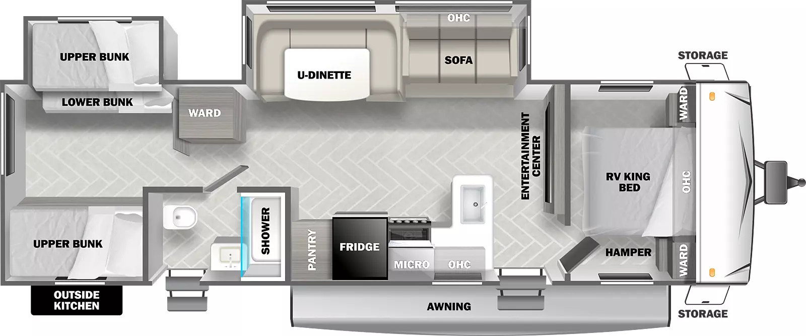 The T3250 has two slideouts and two entries. Exterior features front storage, an awning, and outside kitchen. Interior layout front to back: RV king bed with overhead cabinet, wardrobes on each side, and door side hamper; entertainment center along inner wall; off-door side sofa with overhead cabinet, and u-dinette; door side entry, peninsula kitchen counter with sink, overhead cabinet, microwave, cooktop, refrigerator and pantry; door side full bathroom with second entry; off-door side wardrobe; rear door side upper bunk; rear off-door side slideout with upper and lower bunk.