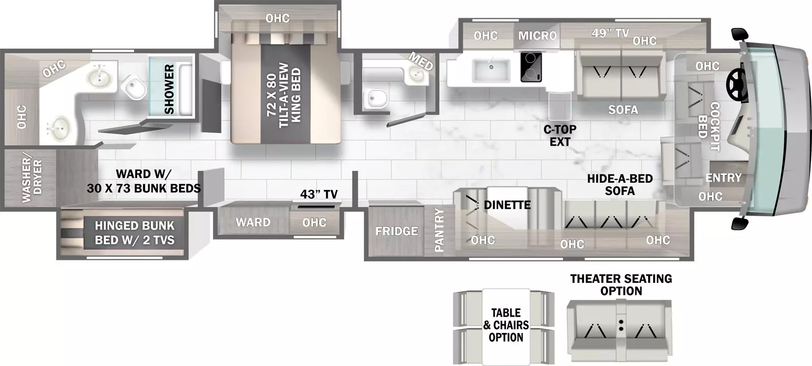 The 45E has five slideouts and one entry. Interior layout front to back: cockpit with entry, overhead cabinets, and cockpit bed; off-door side slideout with sofa, TV, overhead cabinets, countertop extension, microwave over cooktop, and sink; door side slideout with hide-a-bed sofa, overhead cabinets, dinette, pantry, and refrigerator; off-door side half bathroom with medicine cabinet; door side slideout with wardrobe, overhead cabinet, and TV; off-door side slideout with tilt-a-view king bed and overhead cabinets; rear door side wardrobe and slideout with a wardrobe with hinged bunk bed with two TVs; rear off-door side full bathroom with two sinks and overhead cabinets. Optional theater seating available in place of hide-a-bed sofa. Optional table and chairs available in place of dinette.