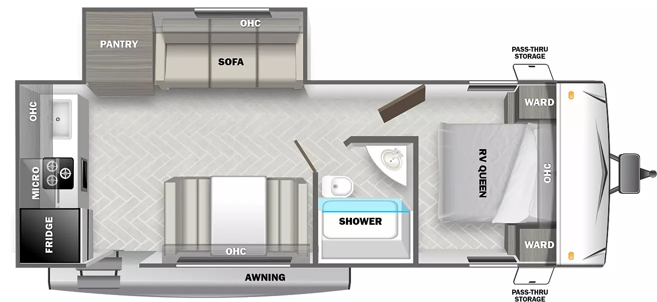 The 228RK has one slideout and one entry. Exterior features an awning and front storage. Interior layout front to back: RV queen bed with wardrobes on each side and overhead cabinet; door side, side aisle full bathroom; off-door side slideout with sofa, overhead cabinet and pantry; door side dinette with overhead cabinet, and entry; rear kitchen with refrigerator, microwave, cooktop, sink and overhead cabinet.